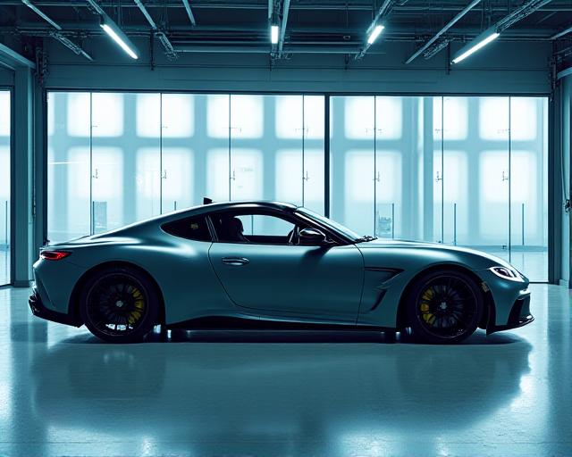 Gematteerd grijze sportwagen in een professionele tuning werkplaats